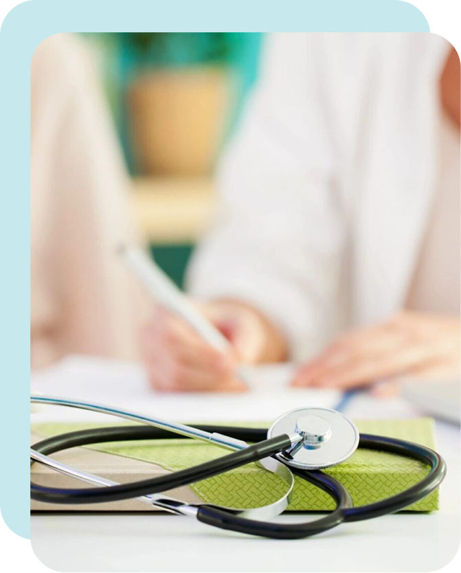 A stethoscope is sitting on top of a table.