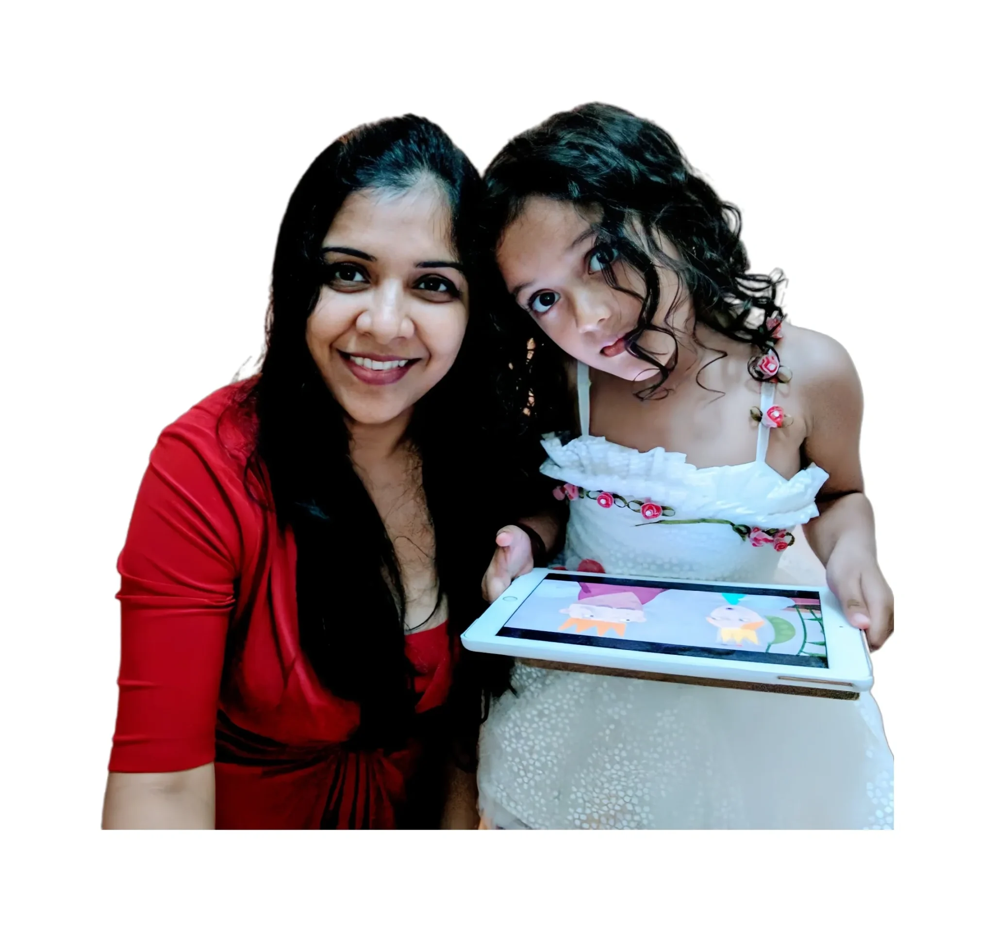 Two women holding a tablet computer in front of them.