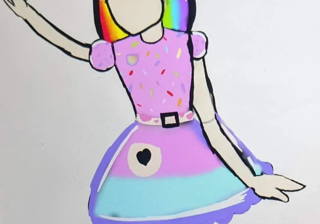 A drawing of a girl with rainbow hair.