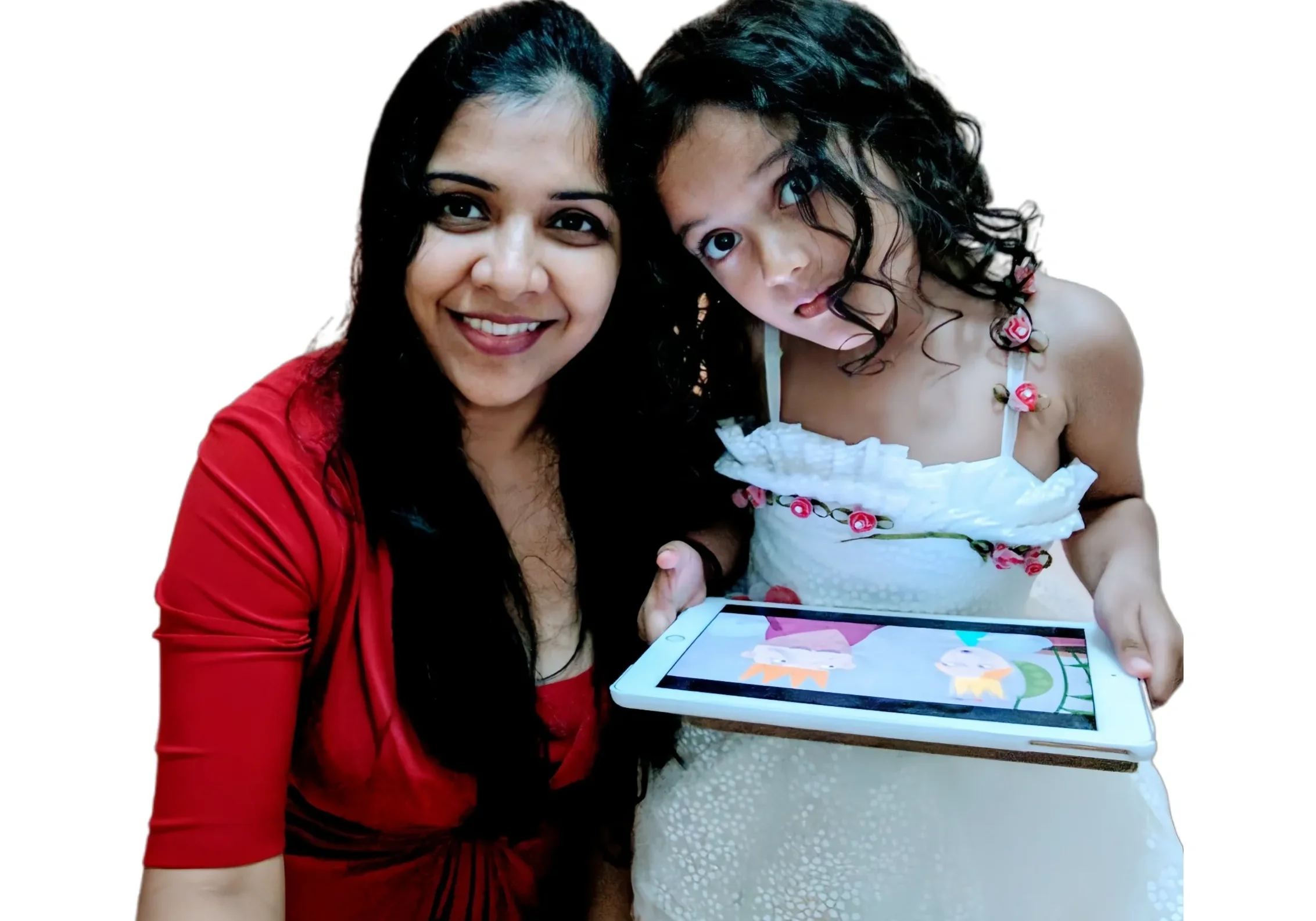 Two women holding a tablet computer in front of them.